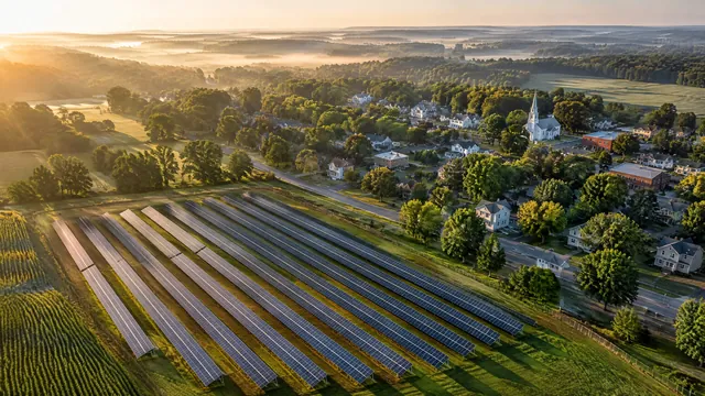 Aerial view of a community solar farm beside farm fields, with a small town and its homes in the background.