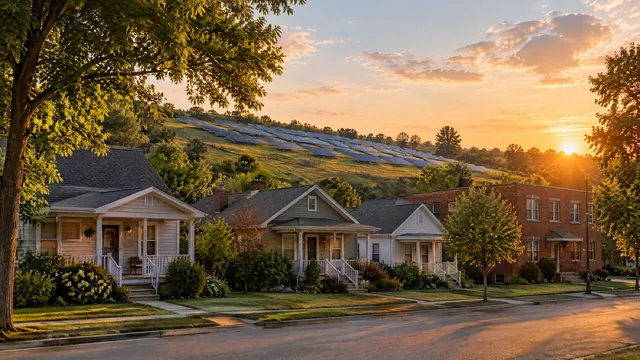 A row of modest single-family homes and brick apartments at sunset, with a community solar farm on the hillside behind them.