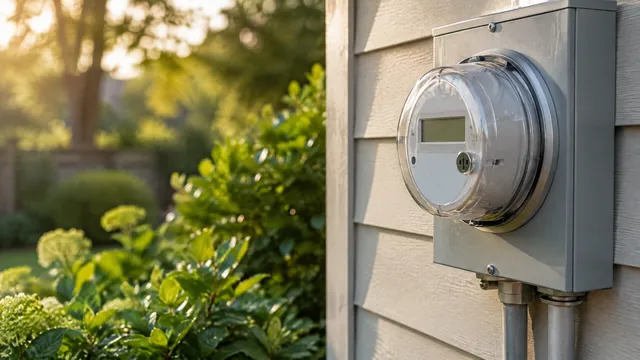 A residential electric meter mounted on the siding of a home, surrounded by green shrubs.
